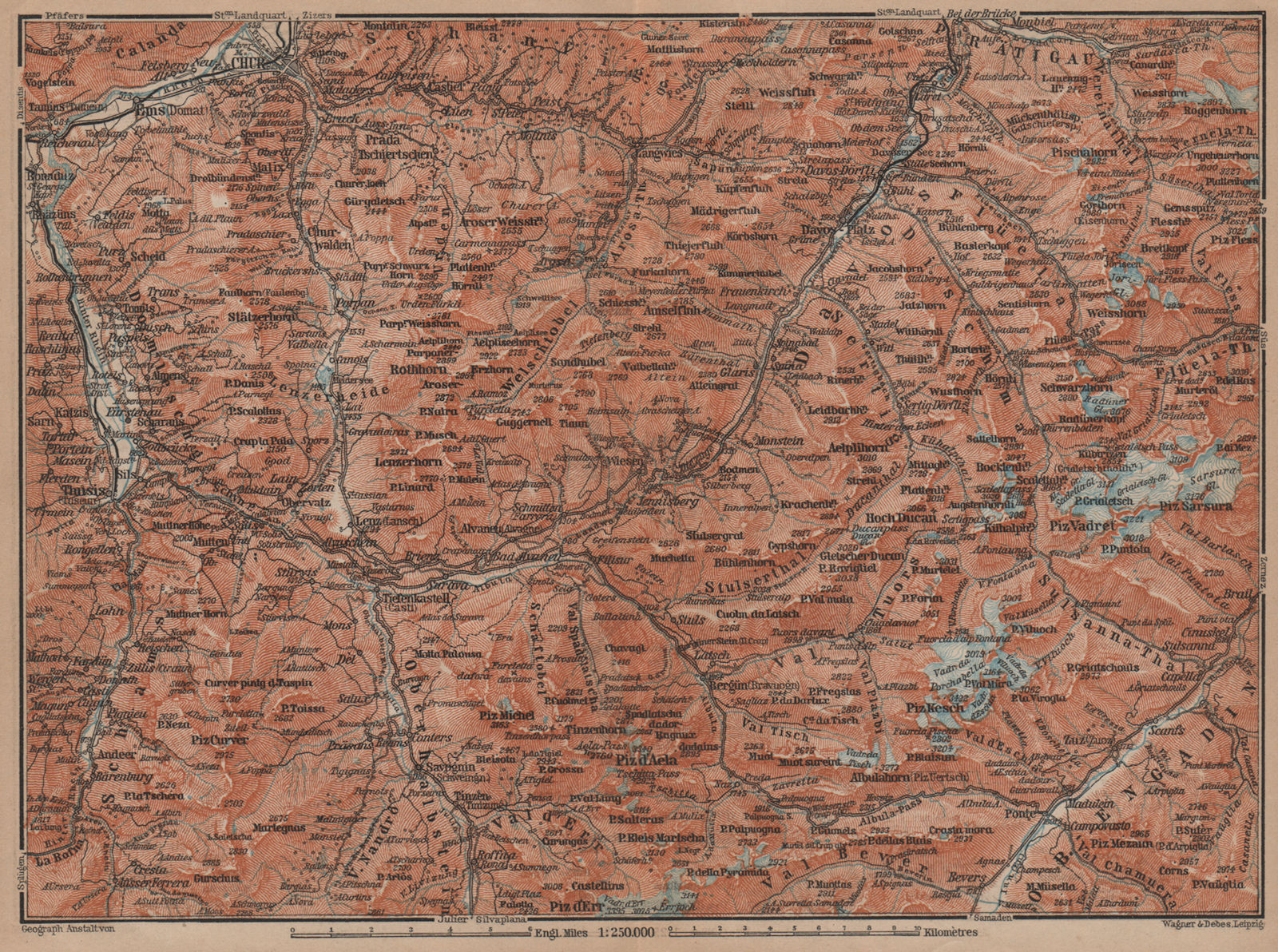 GRAUBÜNDEN/ALBULA ALPS. Chur-Samedan. Arosa Lenz Davos Savognin Thusis 1899 map